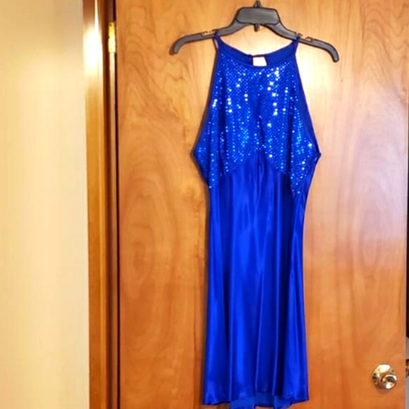 Royal Blue Sequin and Satin Halter Dress - Picture 1 of 2